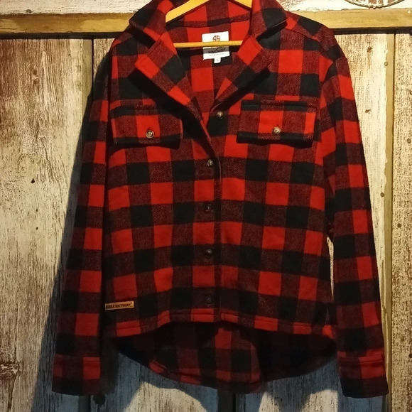 Flannel buffalo check plaid button down shacket pockets oversized small - Picture 2 of 11